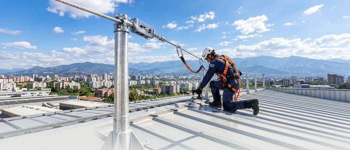 Trabajador instalando línea de vida horizontal en cubierta industrial con vista a la ciudad